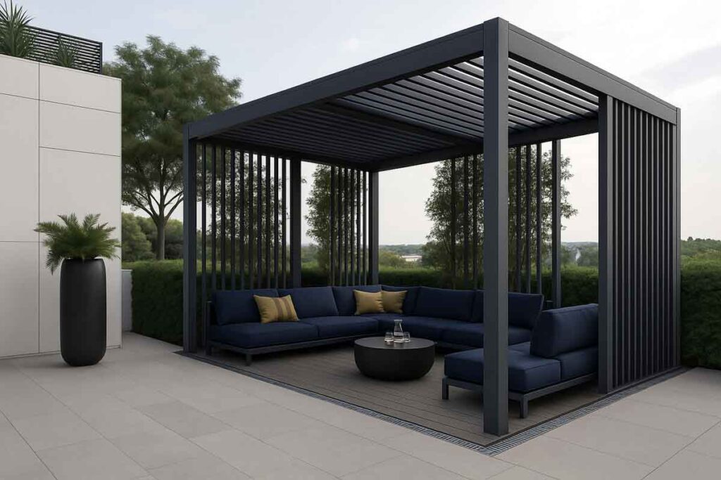Bioklimatska pergola od antracit aluminija s modernim garniturama za sjedenje na terasi, elegantno rješenje za zaštitu i uživanje na otvorenom